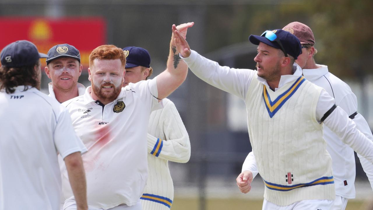 James Burns celebrates a wicket against Surfcoast. Picture: Mark Wilson