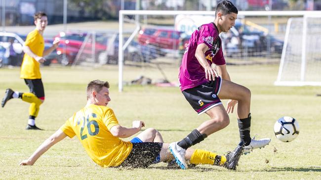 Lachlan Suitor and Usmann Ali in the Queensland Schools Premier League Football match between Marsden and Corinda at Darra, Thursday, July 30, 2020 - Picture: Richard Walker