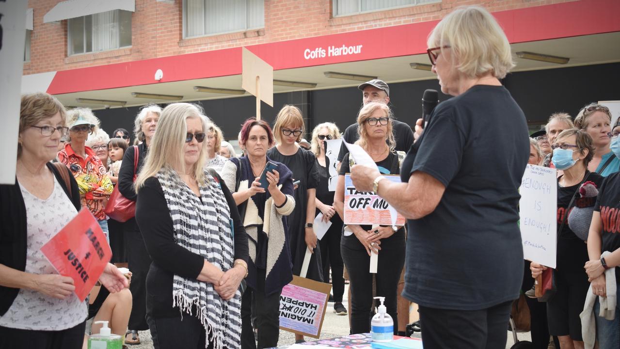 Protesters gathered at City Square on Monday for the March 4 Justice event in Coffs Harbour.