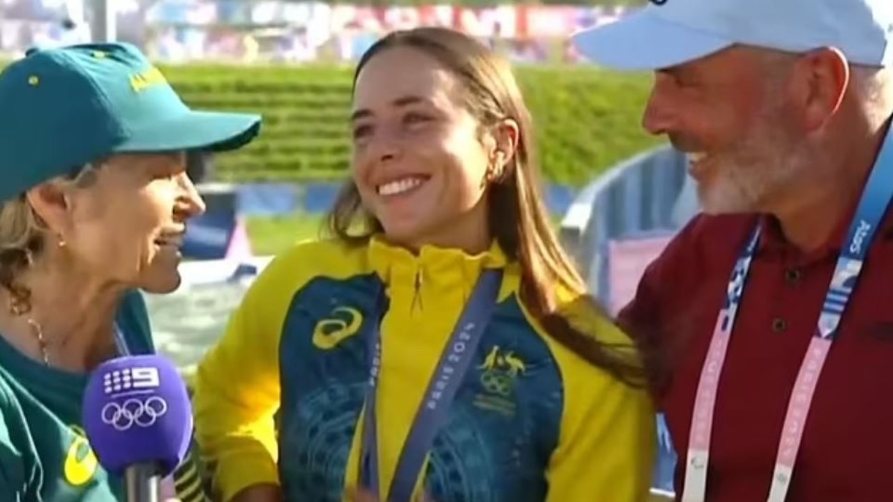 Noemie with her parents Myriam and Richard after her Olympic win. Picture: Nine