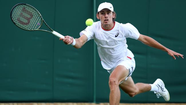 Alex de Minaur plays a forehand against Kimmer Coppejans of Begium. Picture: Getty Images.