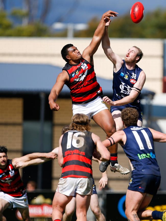 Lauderdale's Toutai Havea and Launceston's Joe Groenewegen compete in the ruck in last weekend’s TSL semi final. Picture: PATRICK GEE