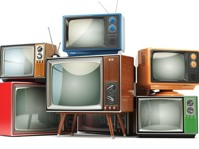 Heap of retro TV sets isolated on white background. Communication, media and television concept. 3d illustration