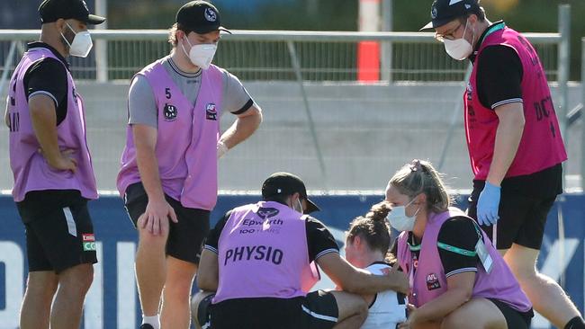 Brianna Davey receives medical attention at Ikon Park. Picture: Getty Images