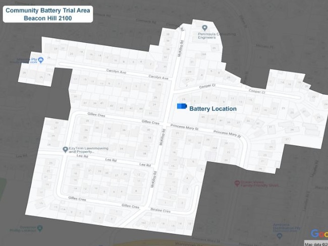 A map of the section of Beacon Hill where residents with solar power can take part in the Ausgrid community battery trial. Picture: Ausgrid