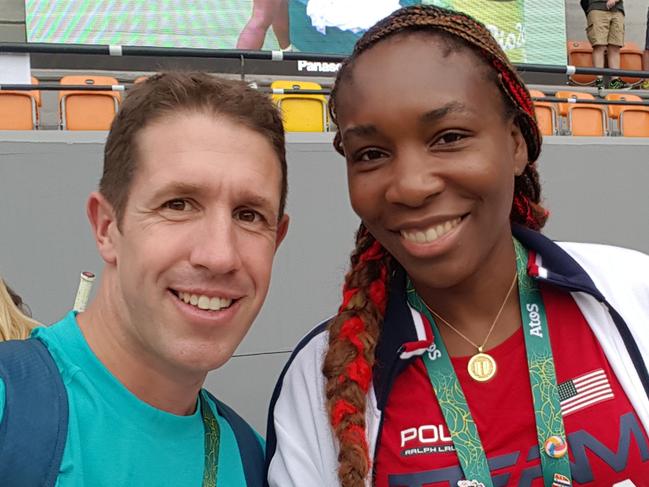 Olympic canoeist and AOC volunteer Lachlan Milne with Venus Williams at  the Rio 2016 Olympics. Also know as Lachie Milne.  Supplied