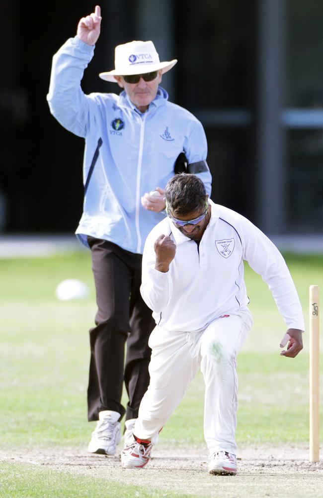 Sammy Vithana celebrates a wicket for Moonee Valley. Picture: Sarah Matray