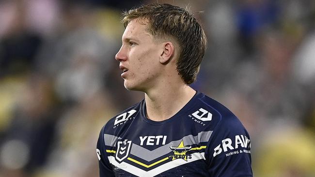 TOWNSVILLE, AUSTRALIA - JULY 21: Jaxon Purdue of the Cowboys looks on during the round 20 NRL match between North Queensland Cowboys and Canterbury Bulldogs at Qld Country Bank Stadium, on July 21, 2024, in Townsville, Australia. (Photo by Ian Hitchcock/Getty Images)