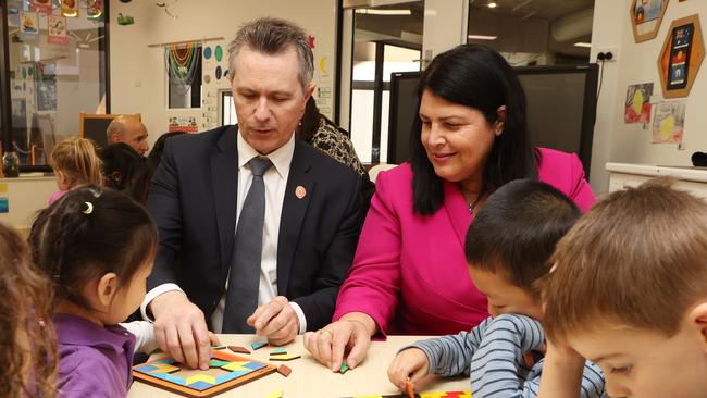 The Universities Accord will review university funding, the quality of degrees and student poverty. Pictured: Federal Education Minister Jason Clare and his Queensland counterpart, Grace Grace, at the Learning Sanctuary early education centre in Brisbane. Picture: Liam Kidston