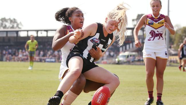 Brisbane’s Sabrina Frederick-Traub tackles Sarah D’Arcy. Picture: Getty Images