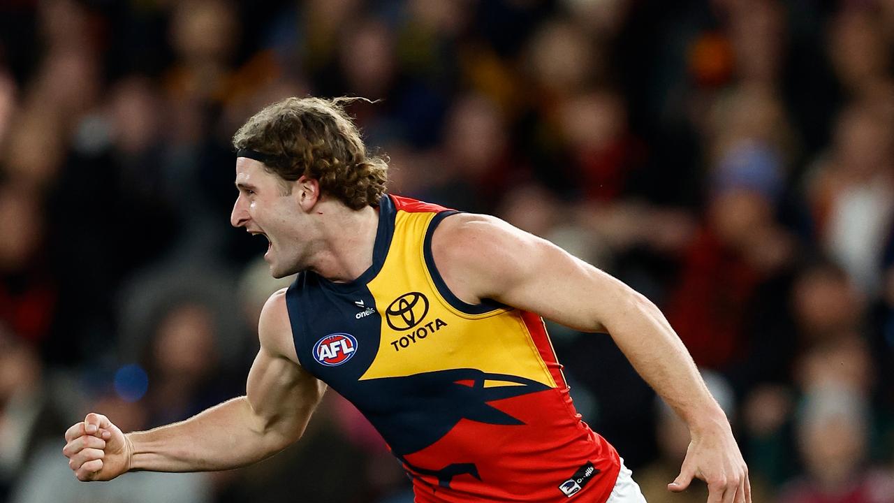 MELBOURNE, AUSTRALIA - JULY 19: Sam Berry of the Crows celebrates a goal during the 2024 AFL Round 19 match between the Essendon Bombers and the Adelaide Crows at Marvel Stadium on July 19, 2024 in Melbourne, Australia. (Photo by Michael Willson/AFL Photos via Getty Images)