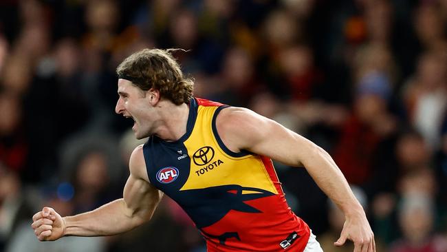 MELBOURNE, AUSTRALIA - JULY 19: Sam Berry of the Crows celebrates a goal during the 2024 AFL Round 19 match between the Essendon Bombers and the Adelaide Crows at Marvel Stadium on July 19, 2024 in Melbourne, Australia. (Photo by Michael Willson/AFL Photos via Getty Images)