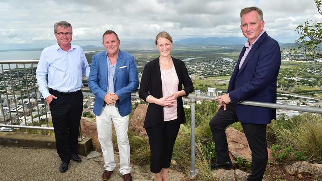 Mundingburra MP Les Walker, vice-president development for Hilton Robert Scullin, design and projects director for Hilton Phillipa Le Roux, and Focus pacific CEO Michael Graham in Townsville to view the site for the new Double tree by Hilton Hotel. Picture: Shae Beplate.