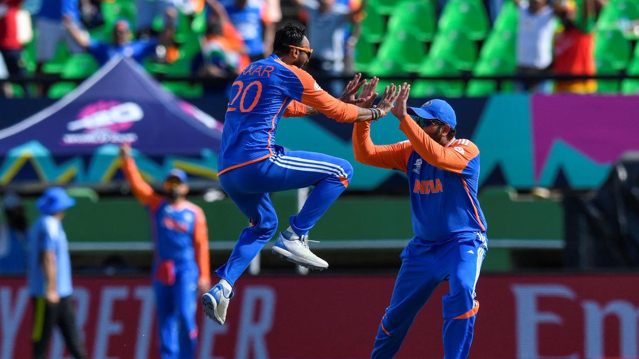 India celebrates the dismissal of Jonny Bairstow. Photo by Randy Brooks / AFP.