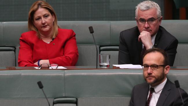 Cross benchers Cathy McGowan, Rebekha Sharkie, Andrew Wilkie, Bob Katter and Greens MP Adam Bandt in the House of Representatives Chamber at Parliament House in Canberra. Picture Kym Smith