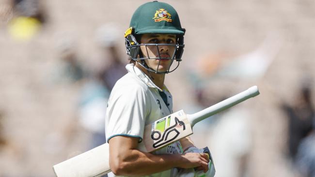 Sam Konstas trudges off the MCG after being bowled by Jasprit Bumrah. Picture: Michael Klein