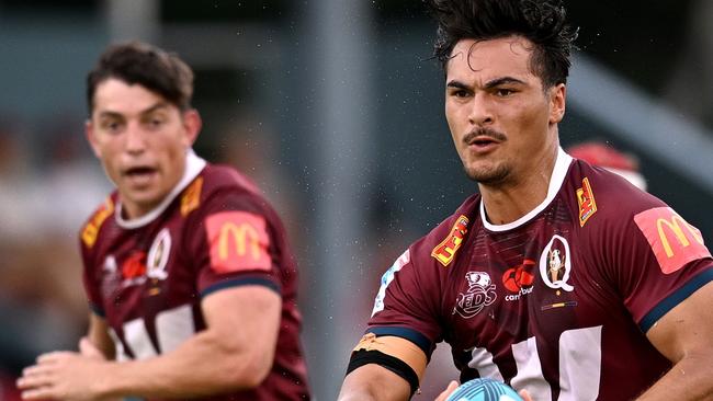 APIA, SAMOA - APRIL 14: Jordan Petaia of the Reds charges forward during the round eight Super Rugby Pacific match between Moana Pasifika and Queensland Reds at Apia Park National Stadium, on April 14, 2023, in Apia, Samoa. (Photo by Joe Allison/Getty Images)