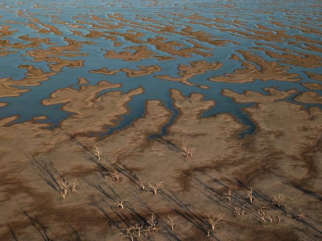 The receding waters of Lake Pamamaroo which makes up part of the Menindee Lakes system. Picture: AAP