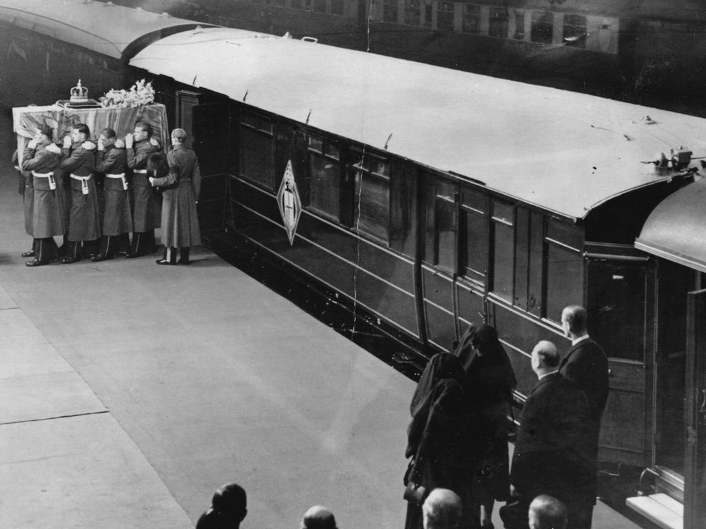 The coffin of King George VI disembarking from a train at King's Cross Station in London. Picture: Evening Standard/Getty Images