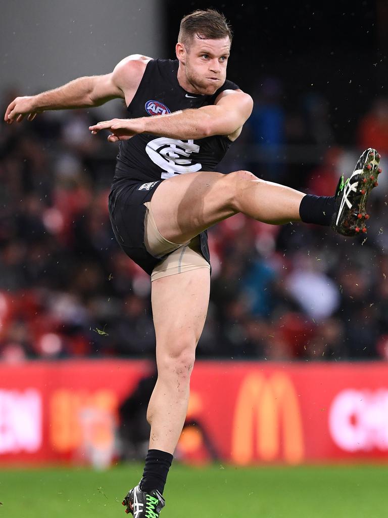 Sam Docherty launches Carlton forward during the 2017 campaign.