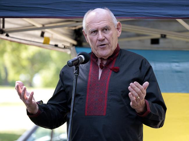 MELBOURNE, AUSTRALIA - NewsWire Photos MARCH 27, 2022:  Chair of the Australian Federation of Ukrainian Organisations, Stefan Romaniw, speaks at a silent Vigil for Ukraine in Melbourne.Picture: NCA NewsWire / David Geraghty.