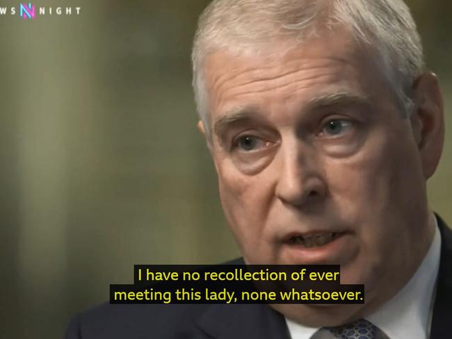 Screen grab from BBS TV. BBC Newsnight's Emily Maitlis interviews Prince Andrew, The Duke of York over his friendship with Jeffrey Epstein. Answering questions about his links to Epstein for the first time, Prince Andrew said his stay was not "becoming of a member of the Royal Family". The Duke of York also said he "let the side down" by staying at his home. Source: BBC