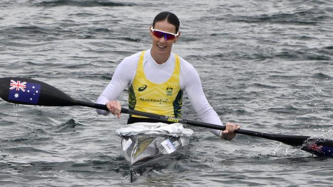 Australia's Alyce Wood competes in the women's kayak single 500m heats canoe sprint competition at Vaires-sur-Marne Nautical Stadium in Vaires-sur-Marne during the Paris 2024 Olympic Games on August 7, 2024. (Photo by Olivier MORIN / AFP)