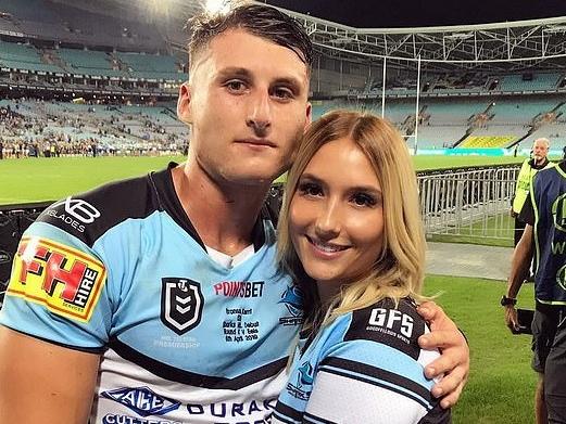 Cronulla Sharks player Bronson Xerri (left), pictured with girlfriend Amy Curmi, has tested positive to performance-enhancing drugs. Source: Instagram @https://www.instagram.com/acurmii/?hl=en (now private account)