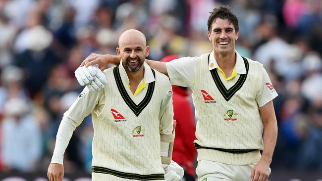 Pat Cummins celebrates after hitting the winning runs with teammate Nathan Lyon during day Five of Ashes 1st Test match between England and Australia at Edgbaston.