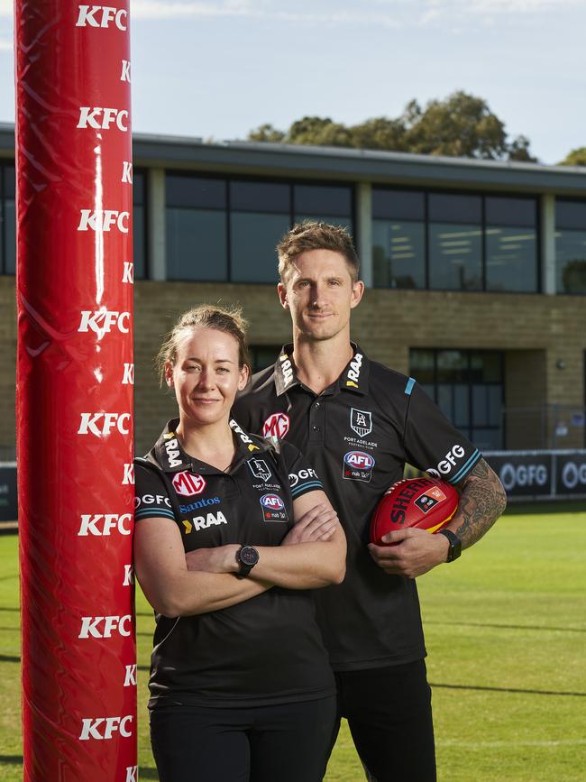 AFLW Port Adelaide coach Lauren Arnell with assistant coach Hamish Hartlett. Picture: Matt Loxton