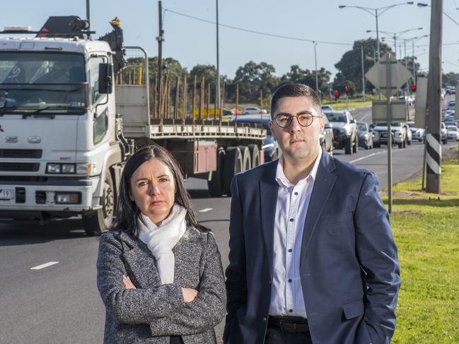 Hume Mayor Carly Moore and Cr Joseph Howell on Mickleham Rd during the morning peak.