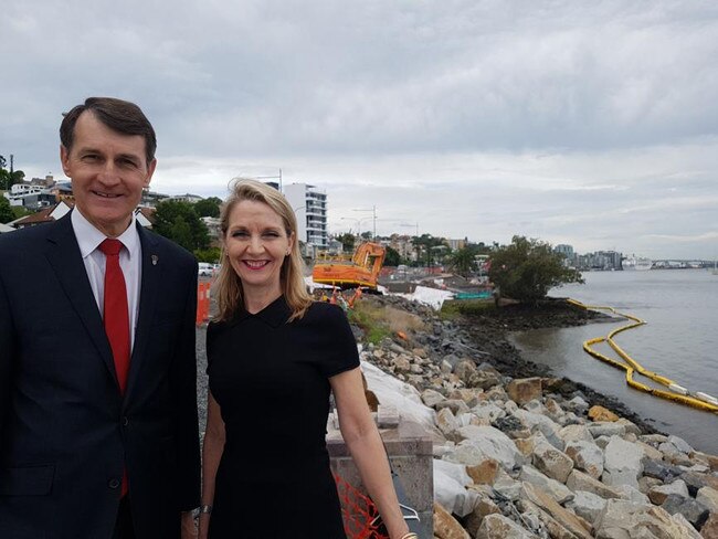 Lord Mayor Graham Quirk and Infrastructure chairman Amanda Cooper at the soon to be opened section of the Kingsford Smith Drive Riverwalk. Picture: Ellen-Maree Elliot