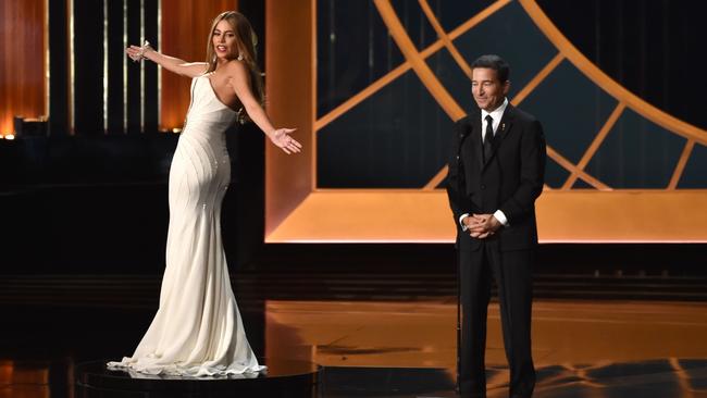 Sofia Vergara and Television Academy CEO Bruce Rosenblum on stage at the 66th Annual Primetime Emmy Awards.