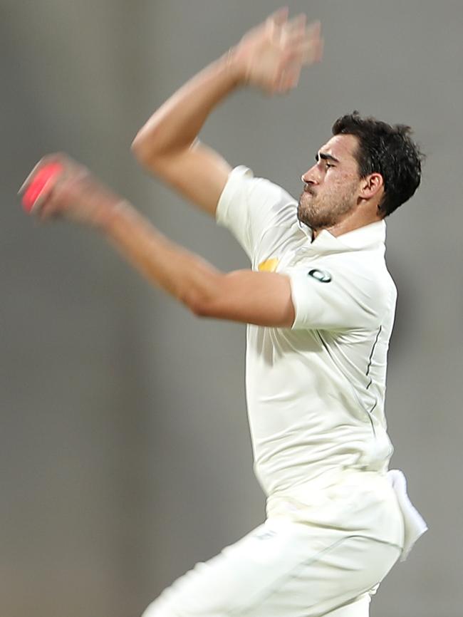 Mitchell Starc bowls against Pakistan. Picture: Peter Wallis