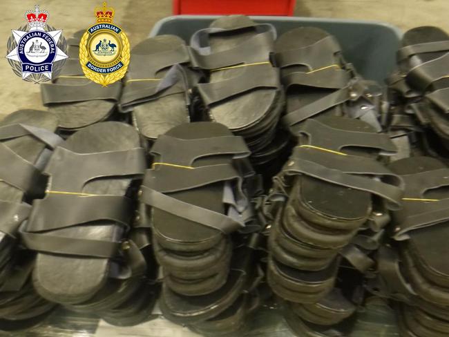 A man has been charged after the Australian Federal Police and Border Force intercepted 100 kilograms of methamphetamine hidden inside leather sandals. Picture: AFP