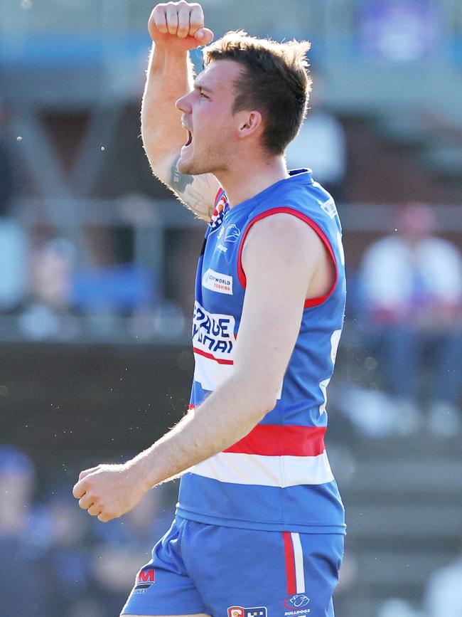 Central District’s Ethan East celebrates a goal against Port Adelaide at Elizabeth Oval on Saturday. Picture: David Mariuz/SANFL.