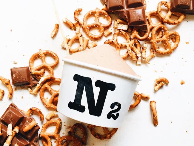 N2 nitrogen gelatochocolate and salted pretzel