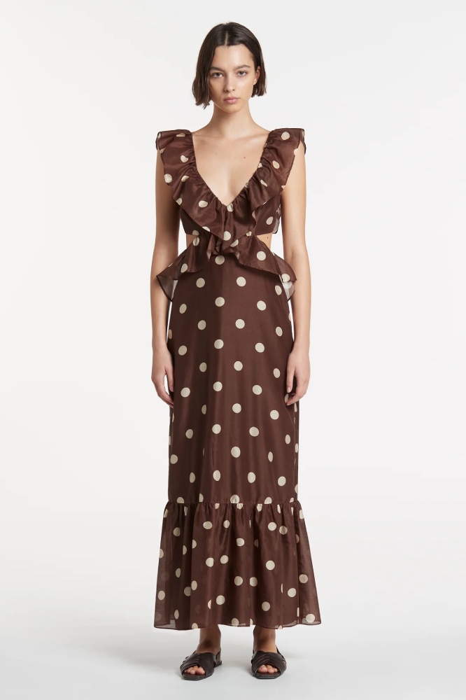 <h3><a href="https://sirthelabel.com/" target="_blank" rel="nofollow noopener"><b>Sir.</b></a></h3><p>Oh how we could sing the eternal praises of this frilled maxi from Sir. The chocolate brown is a relatively subdued shade, but the contemporary cut of the dress, with its plunge neckline and open back details, help it stand out. A modern <i>Pretty Woman</i> moment if we ever saw one.</p><p><b>Length:</b> Maxi |<b> Material:</b> Silk cotton | <b>Delivery: </b>Free over $300</p><p><b>SHOP NOW:</b> Vivi frill maxi dress, $220 (originally $460) from <a href="https://sirthelabel.com/products/vivi-frill-maxi-dress-marlon-polka-dot" target="_blank" rel="nofollow noopener"><strong>Sir.</strong></a></p>