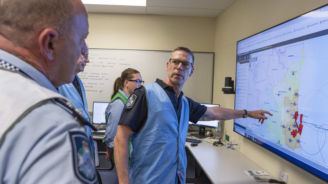 Darling Downs Disaster Management Officer Senior Sergeant Craig Berry in the Darling Downs District Disaster Coordination Centre as emergency services prepare for the arrival of the weather system associated with TC Alfred, Thursday, March 6, 2025. Picture: Kevin Farmer