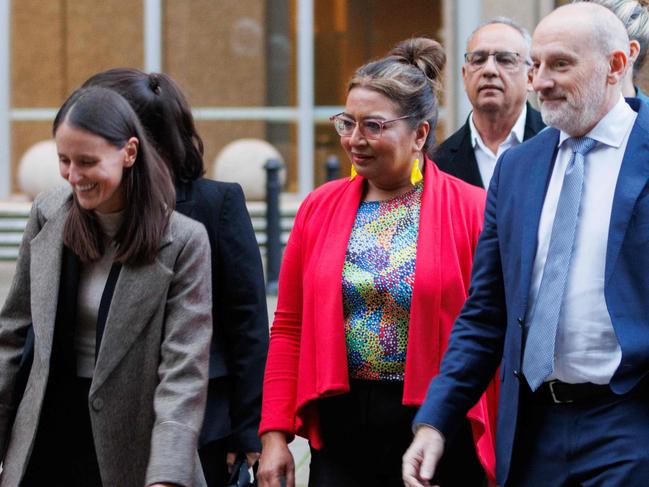 Senator Mehreen Faruqi (in red) leaves the Federal Court in Sydney. Picture: Max Mason-Hubers
