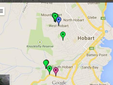 Online map with locations of fruit trees available to the public around Tasmania. - Hobart area