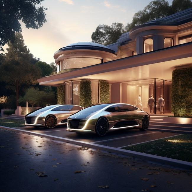 An AI image of a Toorak mansion, complete with autonomous luxury vehicles.