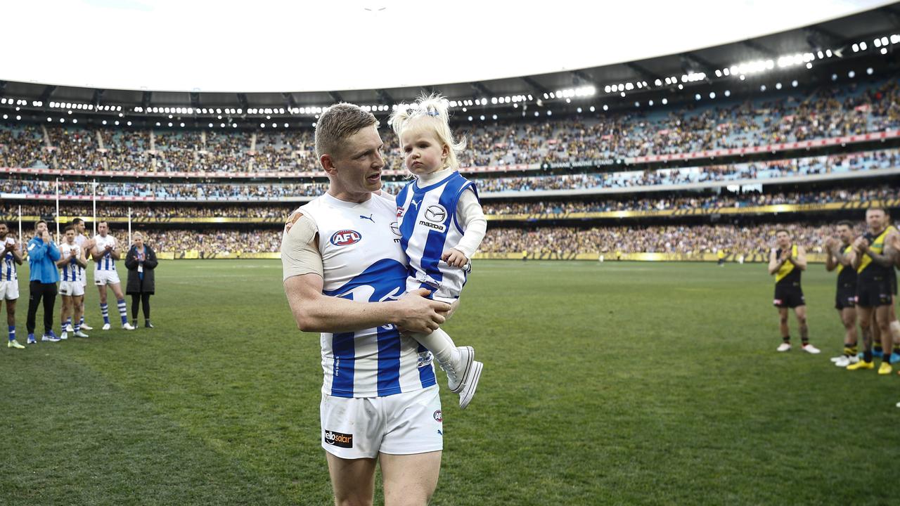 Jack Ziebell of the Kangaroos leaves the field after playing his final game on Saturday. Photo by Daniel Pockett/Getty Images.