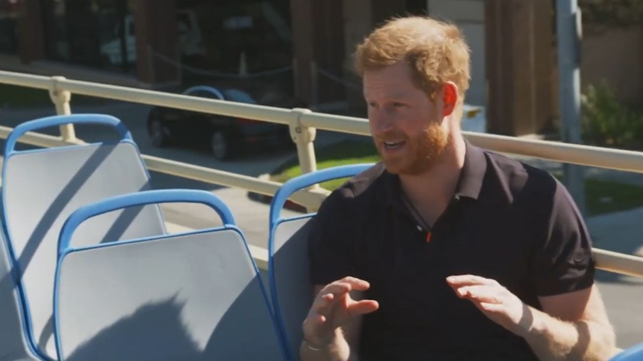 James Corden took Prince Harry on a tour bus around Los Angeles. Picture: YouTube