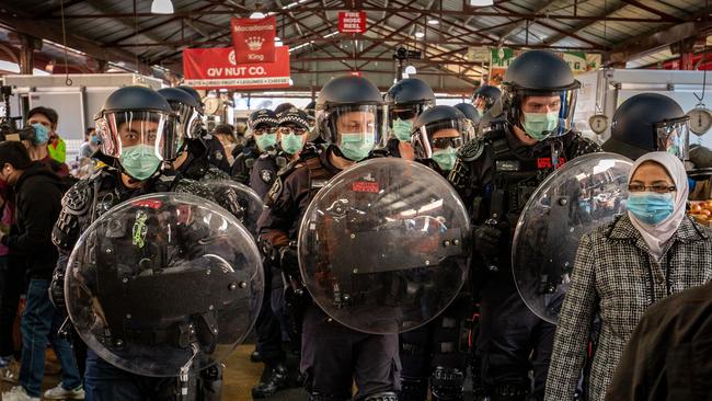 A heavy police presence is seen at the Queen Victoria Market in September, 2020. Picture: Getty Images