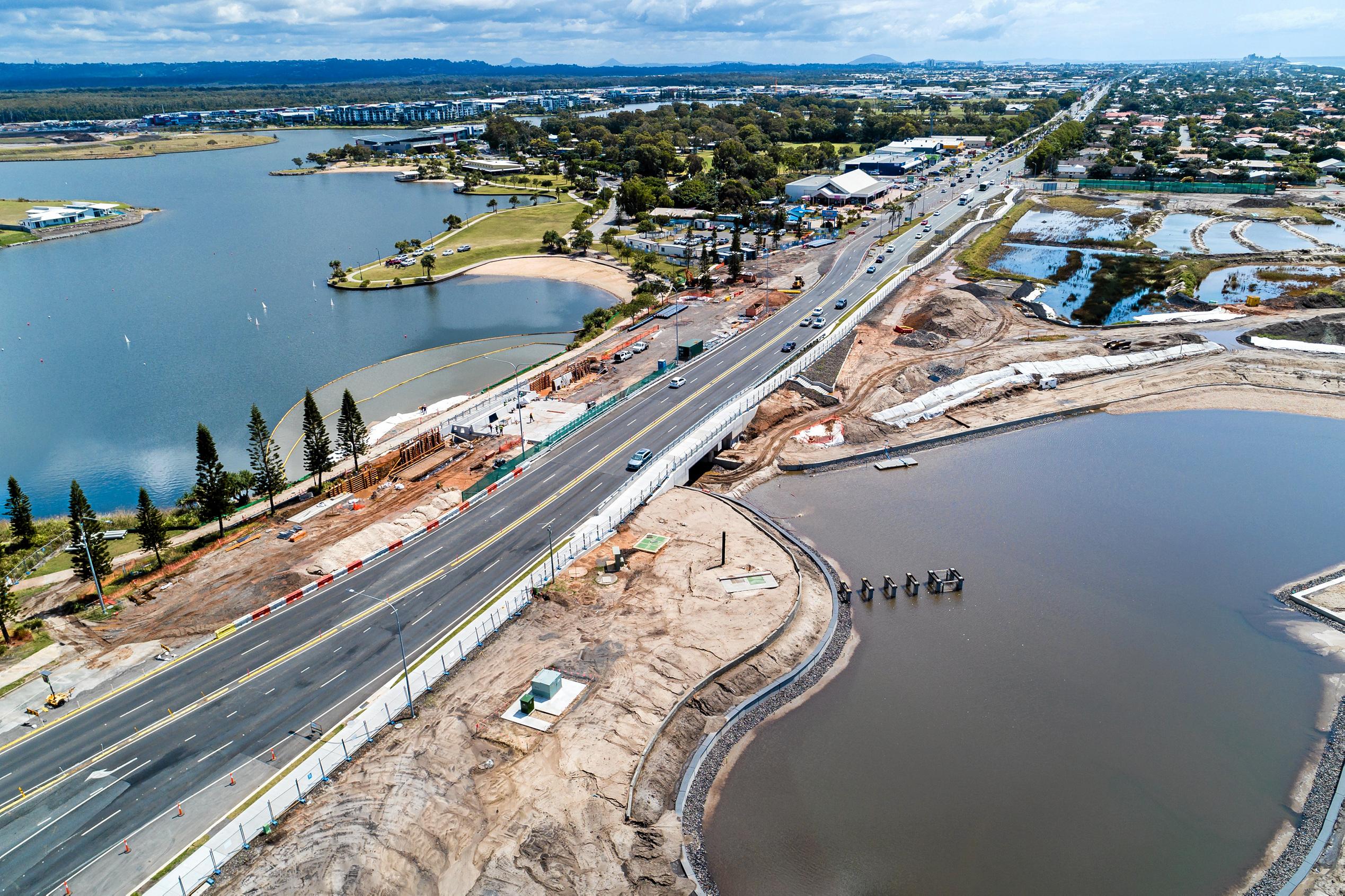 A number of milestones are within reach at Stockland's Oceanside development in Birtinya. Pictured are recent aerial photographs showing housing site and lake development in the Bokarina Beach residential area. Picture: Stockland