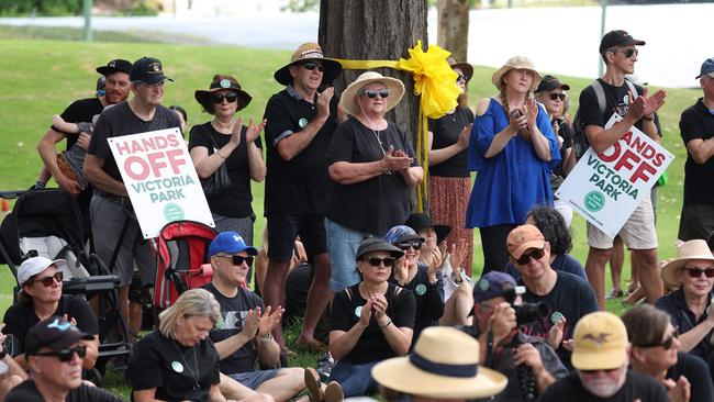 Protesters hold a rally in February in opposition to a stadium at Victoria Park. Picture: Liam Kidston