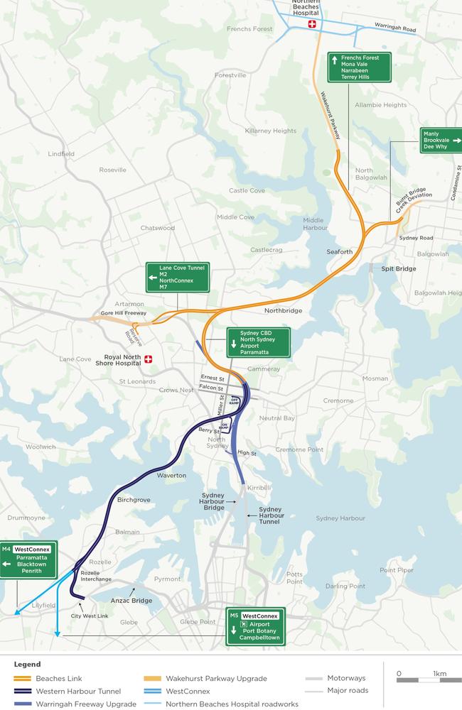 A map of the proposed routes of the Beaches Link tunnel and Western Harbour Tunnel. Source: RMS