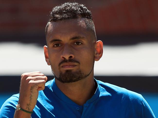 LONDON, ENGLAND - JUNE 22:  Nick Kyrgios of Australia celebrates a point during his 1/4 final match on Day 5 of the Fever-Tree Championships at Queens Club on June 22, 2018 in London, United Kingdom. (Photo by Marc Atkins/Getty Images)