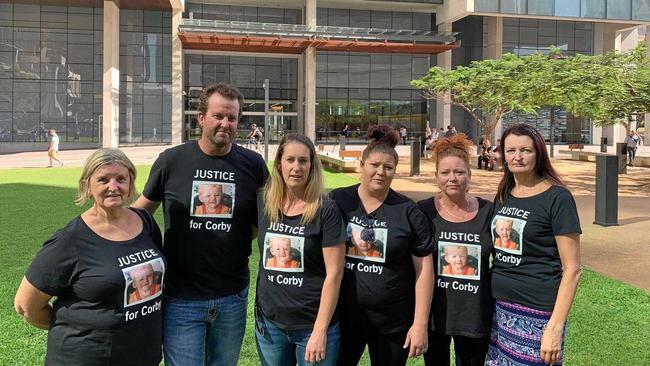 SEEKING JUSTICE: Corby Akehurst's aunt, Tanya (third from left) and supporters outside Brisbane Supreme Court. They'd travelled down for the sentence of Corby's dad, Shane Purssell Akehurst, who pleaded guilty to Corby's manslaughter and torture. Picture: Geoff Egan